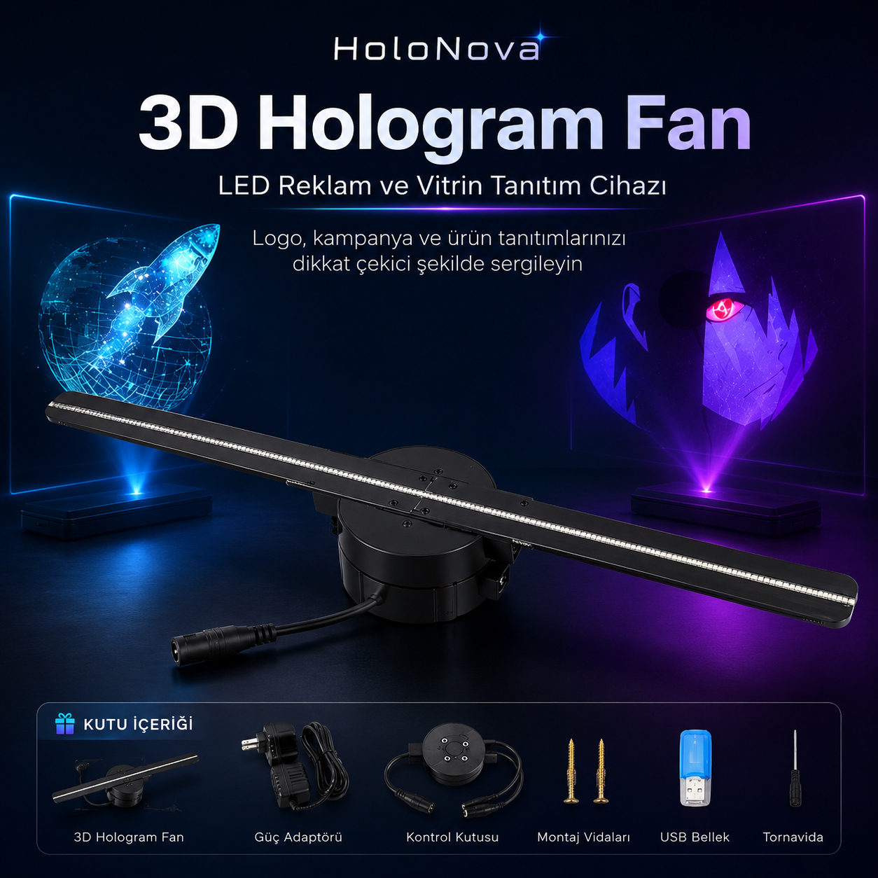 HoloNova 3D Hologram Fan – LED Reklam ve Vitrin Tanıtım Cihazı